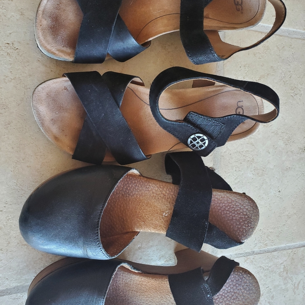 Lot of 2 Black Leather Ugg Sandals And Wood Clogs